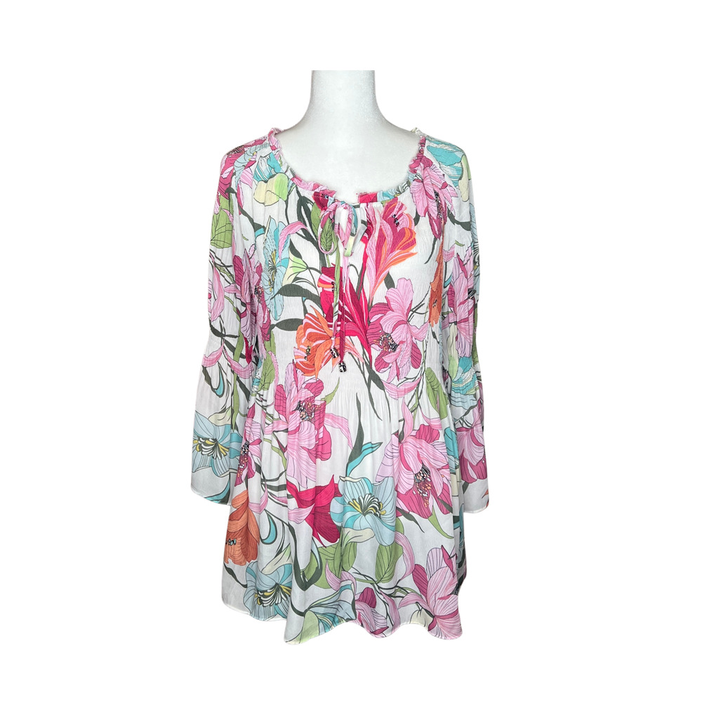 Spense Multi-color Floral Tunic Size L Flare Sleeve Boho Romantic Feminine Artsy